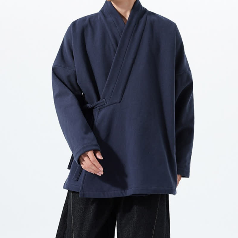 Buddha Stones Fall Winter Tang Style Minimalist Drawstring Solid Thickened Men's Kimono - image 1