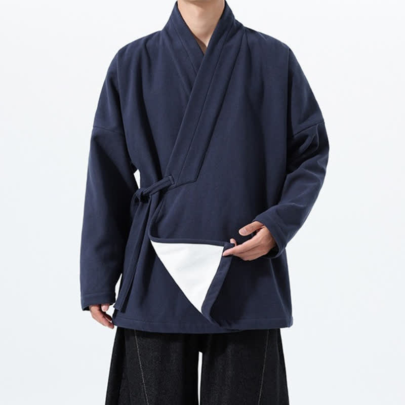 Buddha Stones Fall Winter Tang Style Minimalist Drawstring Solid Thickened Men's Kimono - image 3