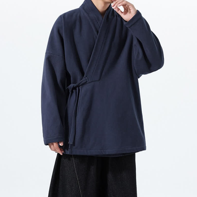 Buddha Stones Fall Winter Tang Style Minimalist Drawstring Solid Thickened Men's Kimono - image 5