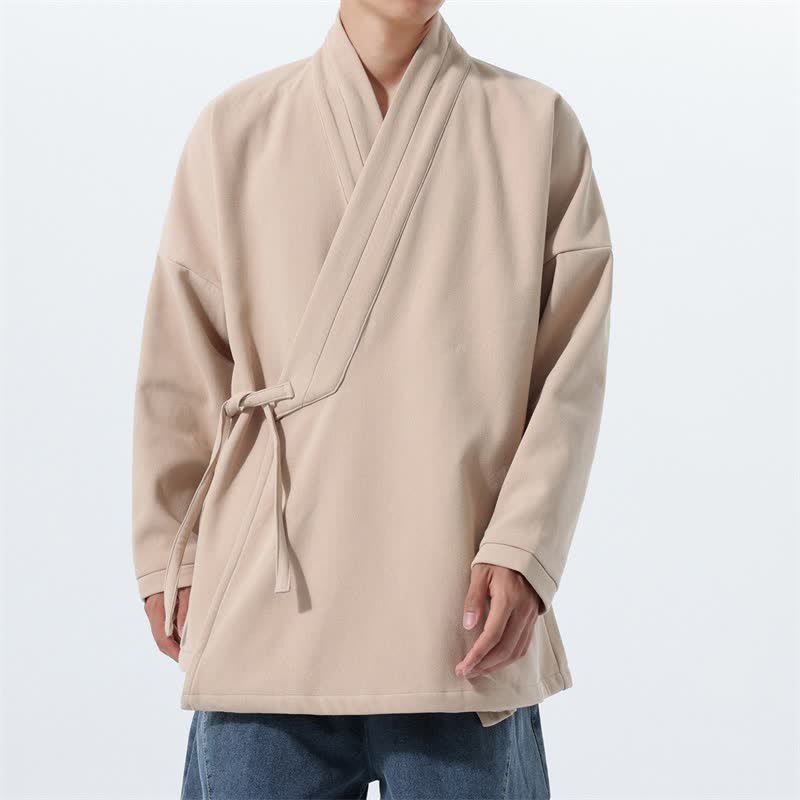 Buddha Stones Fall Winter Tang Style Minimalist Drawstring Solid Thickened Men's Kimono - Wheat - US/UK/AU46，EU56 (5XL) - image 28