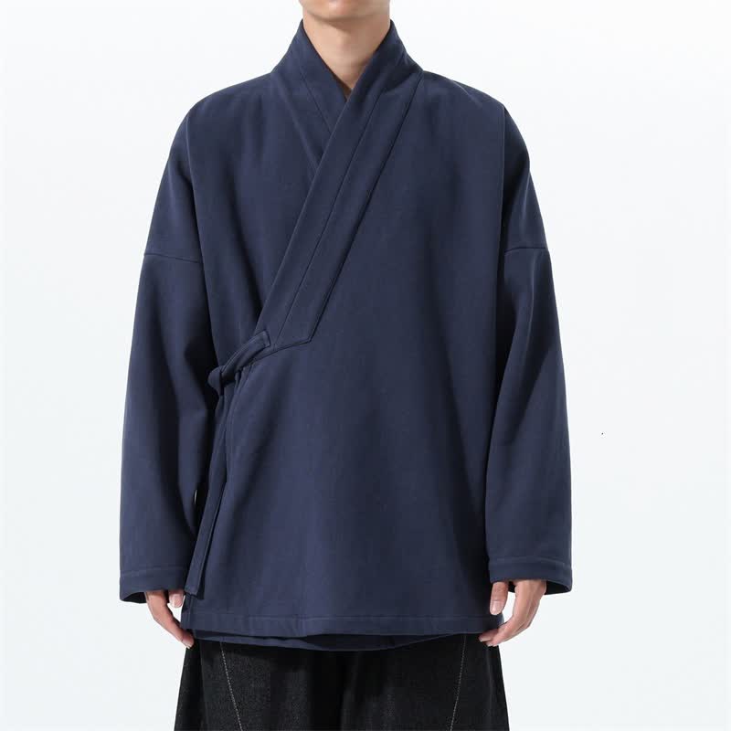 Buddha Stones Fall Winter Tang Style Minimalist Drawstring Solid Thickened Men's Kimono - MidnightBlue - US/UK/AU46，EU56 (5XL) - image 0