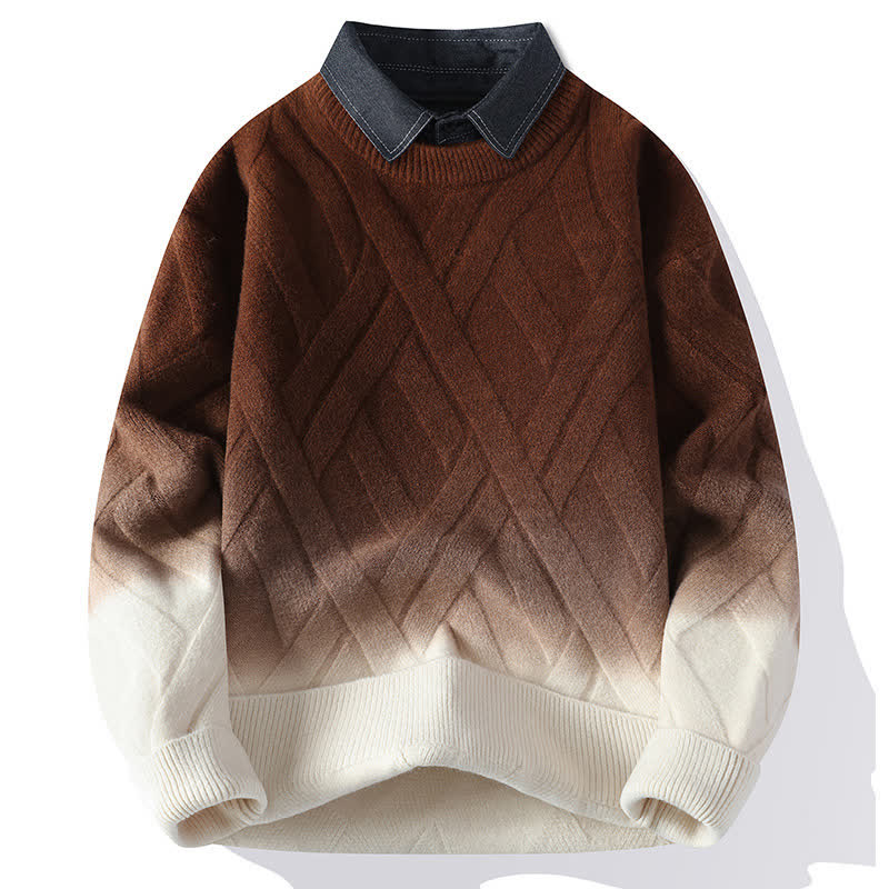 Buddha Stones Fall Winter Casual Vintage Faux-Layered Collared Sweater Gradient Contrasting Stripes Men's Knitwear - SaddleBrown - US/UK/AU44，EU54 (4XL) - image 0