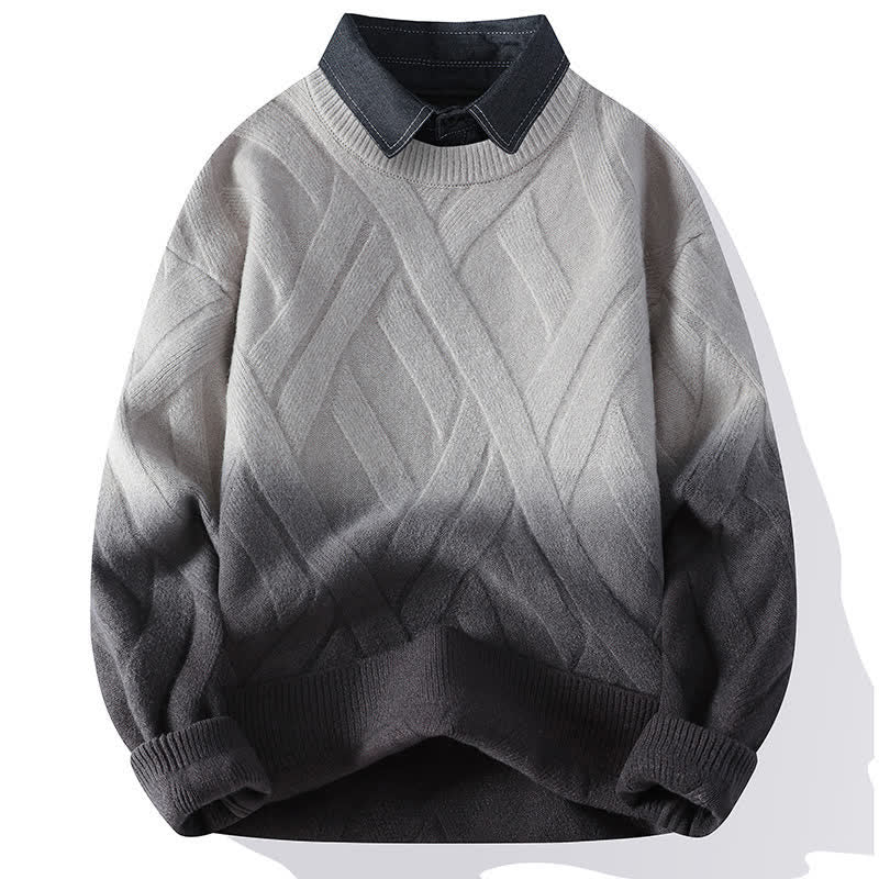 Buddha Stones Fall Winter Casual Vintage Faux-Layered Collared Sweater Gradient Contrasting Stripes Men's Knitwear - Gray - US/UK/AU44，EU54 (4XL) - image 1
