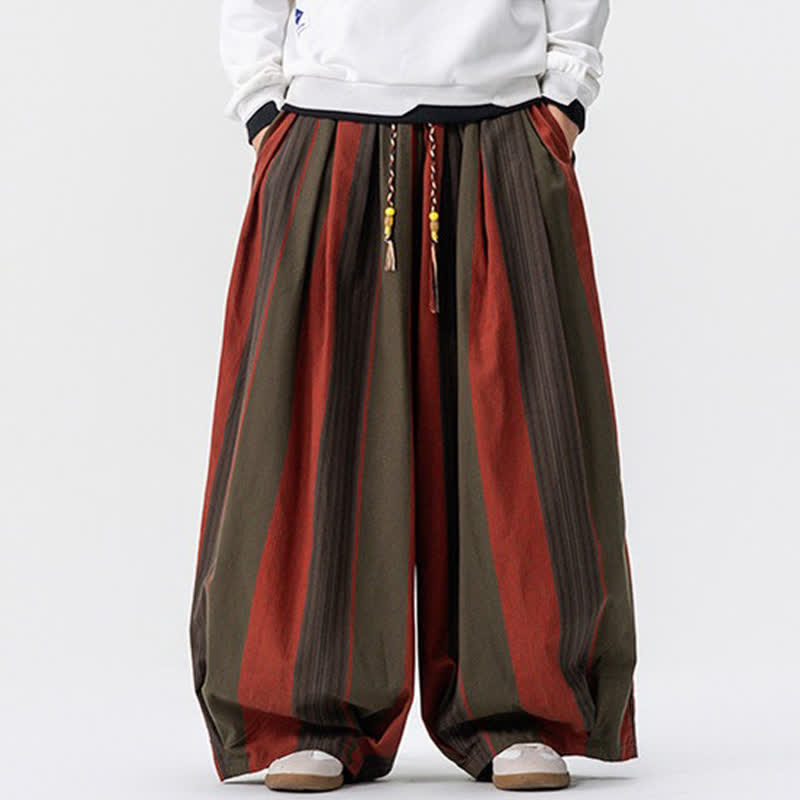Buddha Stones Spring Fall Casual Vintage Drawstring Striped Ankle Pants Corduroy Men's Wide Leg Pants With Pockets - Red - US/UK/AU46，EU56 (5XL) - image 0