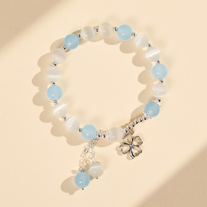 Buddha Stones Aquamarine Cat's Eye Heart-shaped Four-leaf Clover Healing Bracelet - image 4