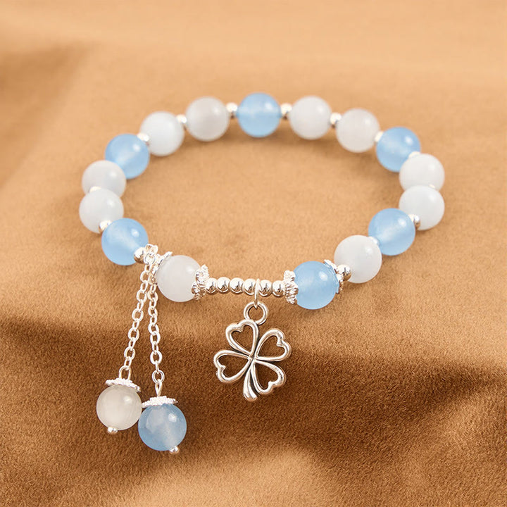 Buddha Stones Aquamarine Cat's Eye Heart-shaped Four-leaf Clover Healing Bracelet - image 3