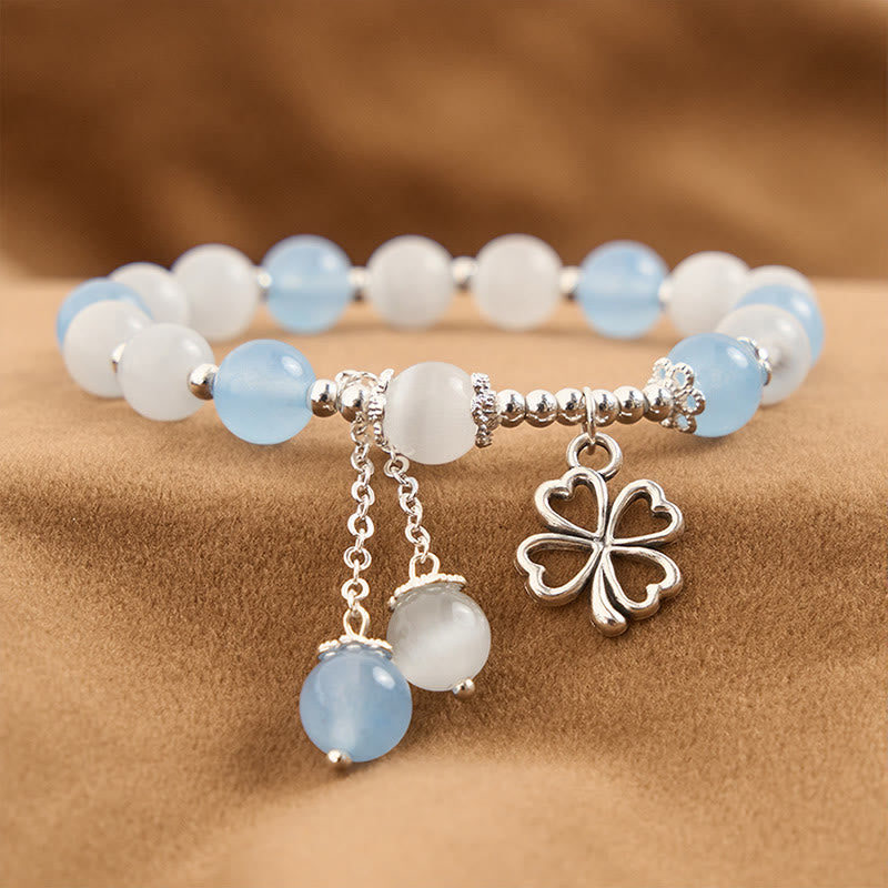 Buddha Stones Aquamarine Cat's Eye Heart-shaped Four-leaf Clover Healing Bracelet - image 2