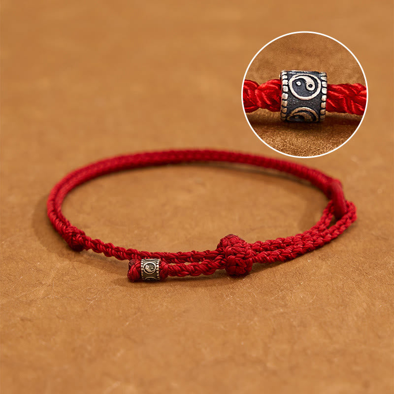 Buddha Stones Red String 925 Sterling Silver Yin Yang Protection Bracelet - Dark Red String - 6.3–7.1 in (16–18 cm) - image 0