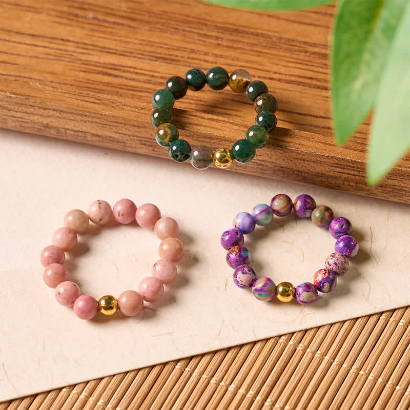 Buddha Stones 3Pcs Rhodonite Miano Real Green Agate Healing Ring - 3Pcs - image 0