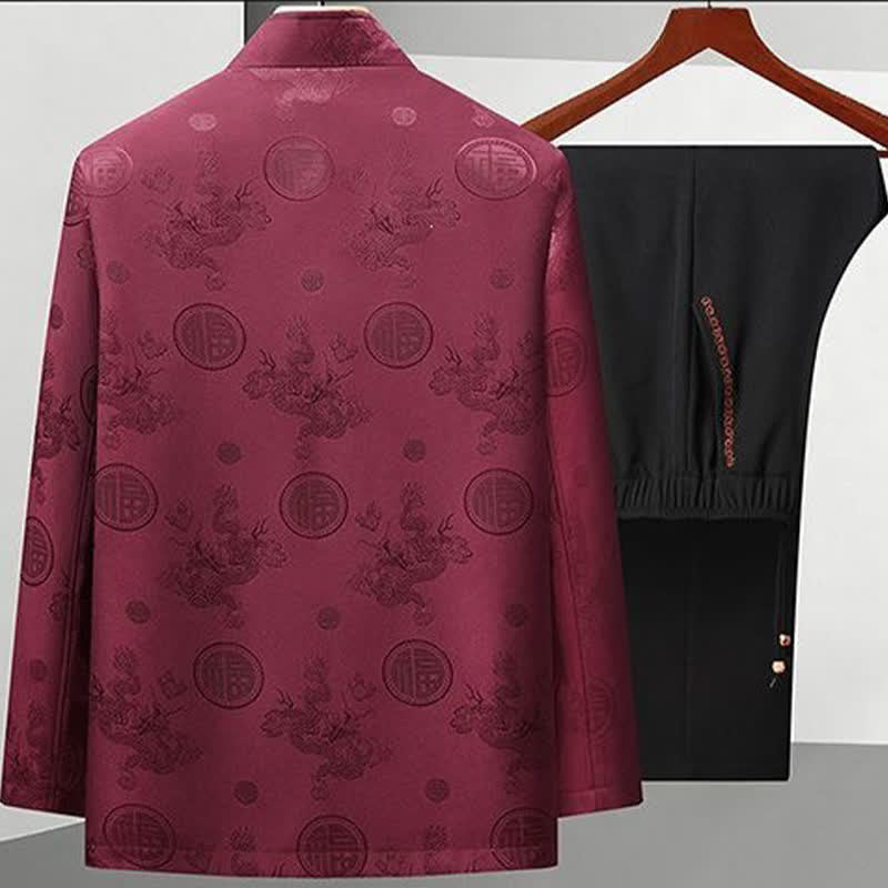 Buddha Stones 2Pcs Fall Winter Tang Style Vintage Mandarin Collar Frog Button Geometric Fu Character Dragon Men's Meditation Cloth With Pockets - image 1