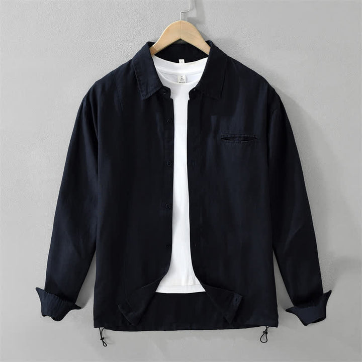 Buddha Stones Spring Casual Minimalist Button-Up Drawstring Solid Men's Long Sleeve Shirts - MidnightBlue - US/UK/AU42，EU52 (3XL) - image 10