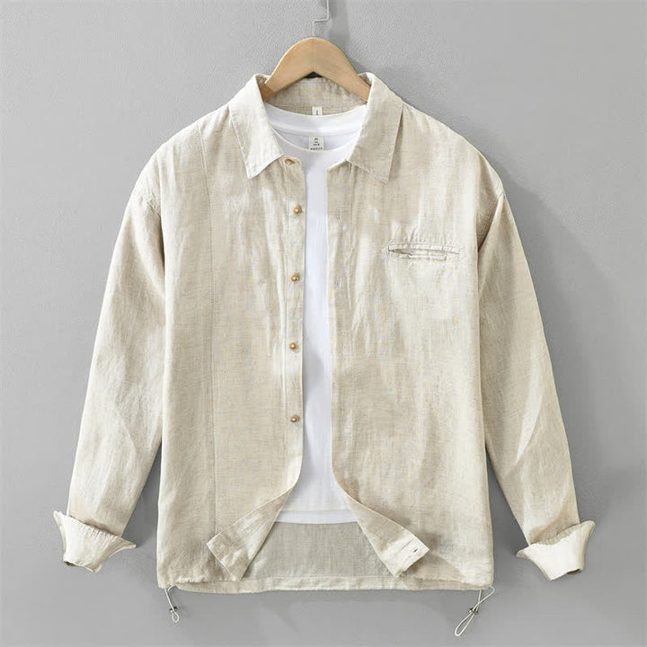 Buddha Stones Spring Casual Minimalist Button-Up Drawstring Solid Men's Long Sleeve Shirts - Beige - US/UK/AU42，EU52 (3XL) - image 0