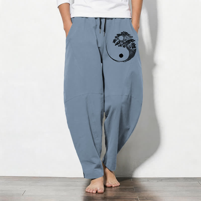 Buddha Stones Pure Cotton Ink Mountain Yin Yang Pattern Drawstring Men's Tapered Pants With Pockets - LightSteelBlue - US/UK/AU50，EU60 (5XL) - image 0