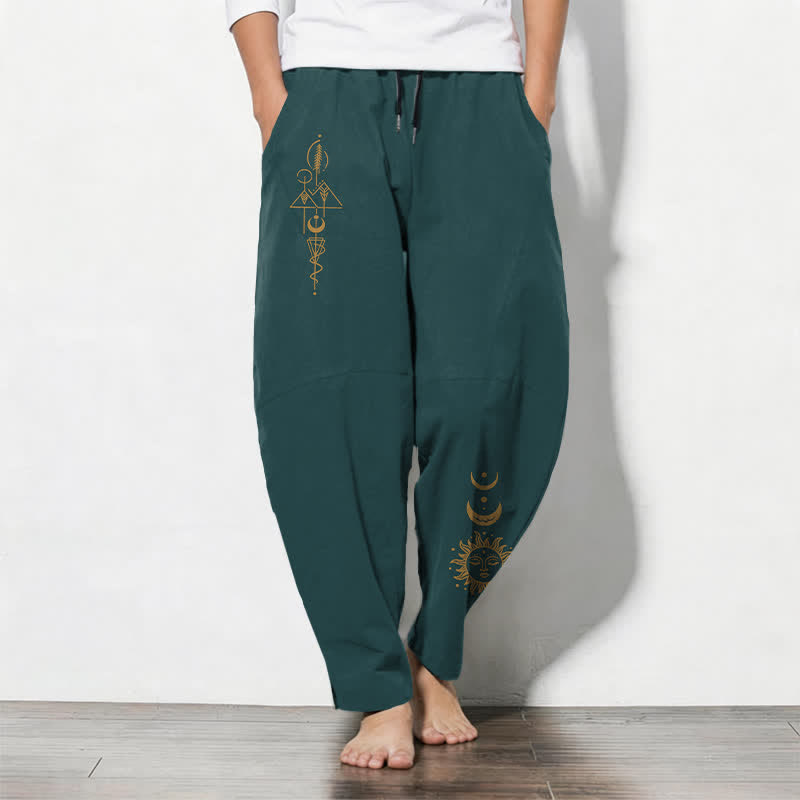 Buddha Stones Pure Cotton Bohemian Moon Phase Pattern Drawstring Men's Tapered Pants With Pockets - Teal - US/UK/AU50，EU60 (5XL) - image 0