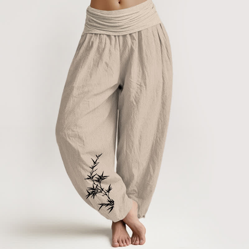 Buddha Stones Pure Cotton Ink Bamboo Pattern Women's Elastic Waist Harem Pants - Tan - US16，UK/AU20，EU48 (3XL) - image 0