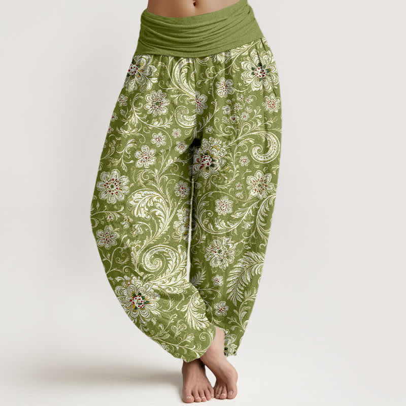 Buddha Stones Cotton Boho Tang Dynasty Flower Leaf Vine Pattern Women's Elastic Waist Harem Pants - OliveDrab - US16，UK/AU20，EU48 (3XL) - image 0