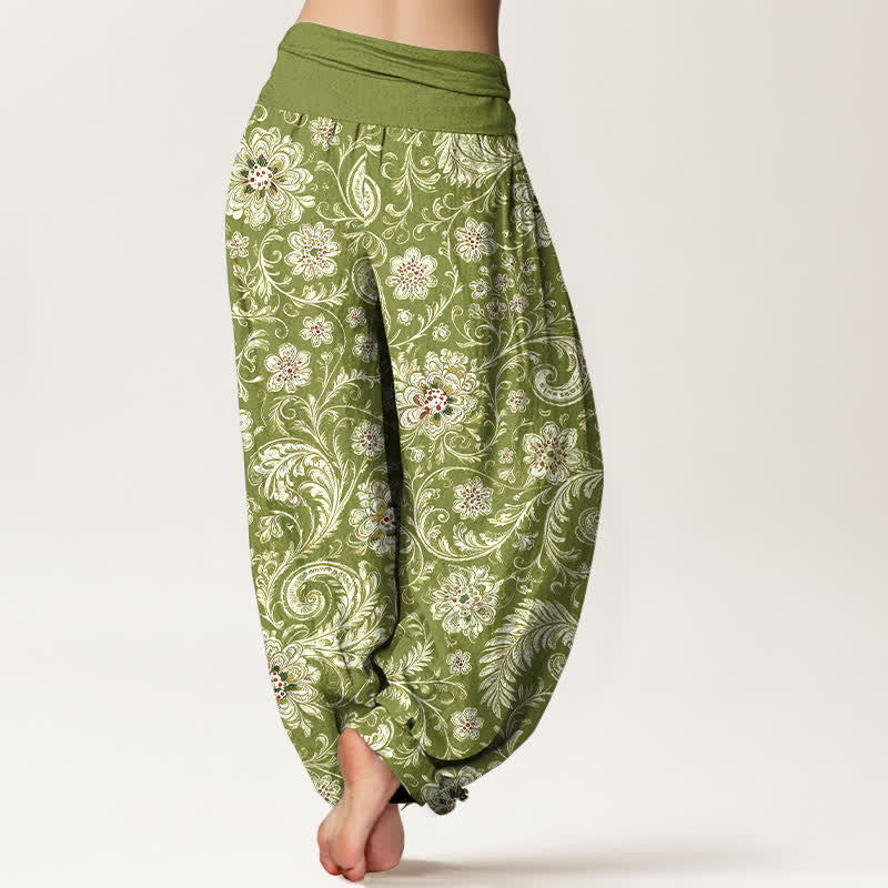 Buddha Stones Cotton Boho Tang Dynasty Flower Leaf Vine Pattern Women's Elastic Waist Harem Pants - image 1