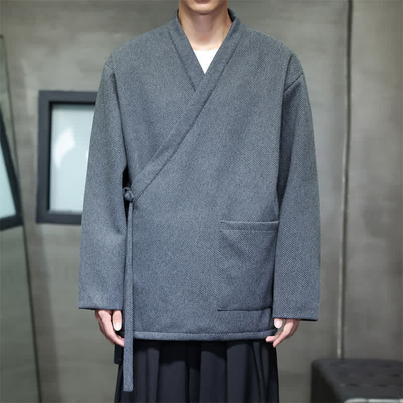 Buddha Stones Fall Winter Minimalist Lace-up Solid Men's Kimono With Pockets - image 1