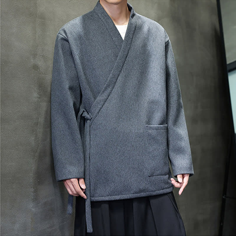 Buddha Stones Fall Winter Minimalist Lace-up Solid Men's Kimono With Pockets - DimGray - US/UK/AU48，EU58 (4XL) - image 0