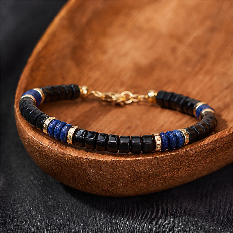 Buddha Stones Lapis Lazuli Black Onyx Truth Cube Bead Bracelet - image 1