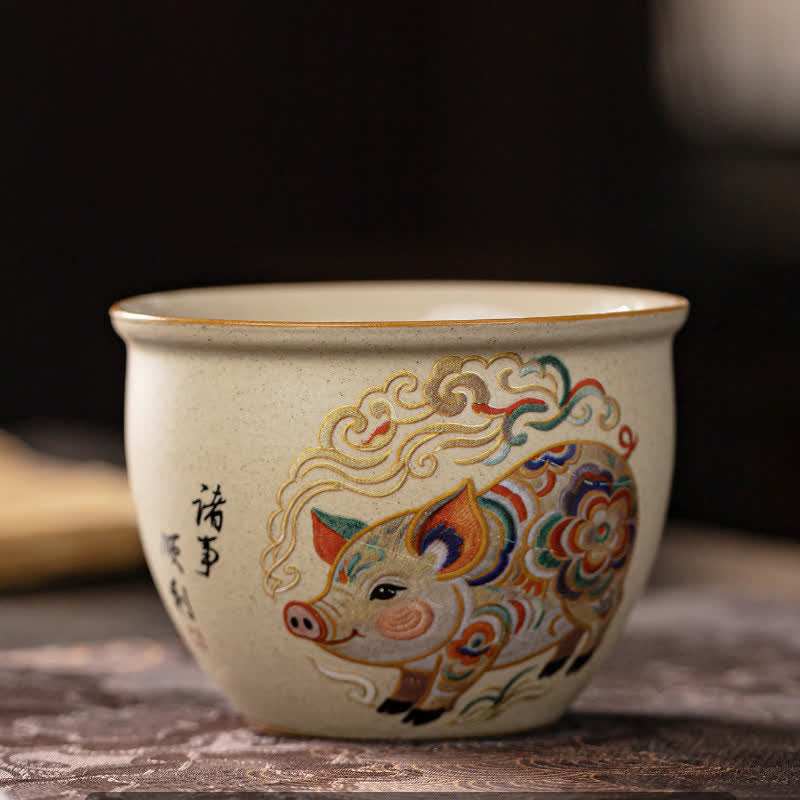 Buddha Stones Hand-Painted Chinese Zodiac Ceramic Gongfu Tea Cup 140ml - Pig - Approx. 140ml - image 17
