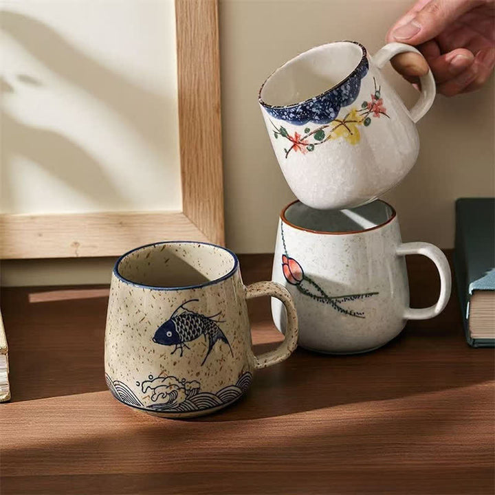 Buddha Stones Hand-Painted Koi Fish Lotus Bird Flower Willow Design Ceramic Mug 300ml - image 0