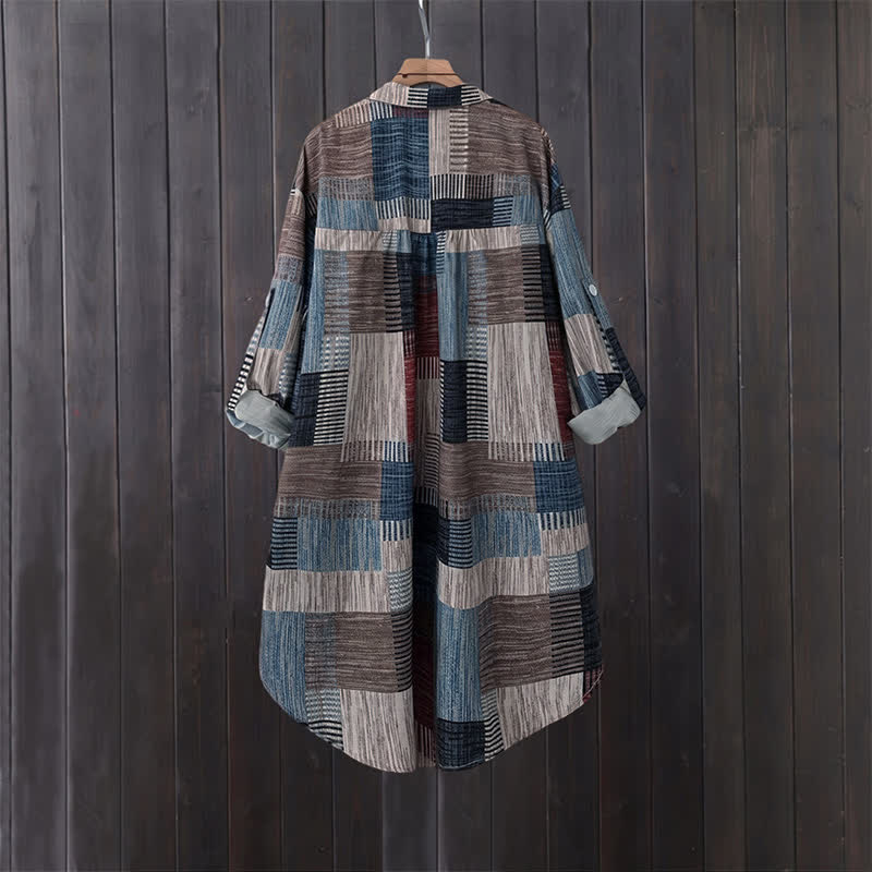 Buddha Stones Fall Casual Vintage Button-Up Patchwork Plaid Design Women's Long Sleeve Shirts With Pockets - image 1