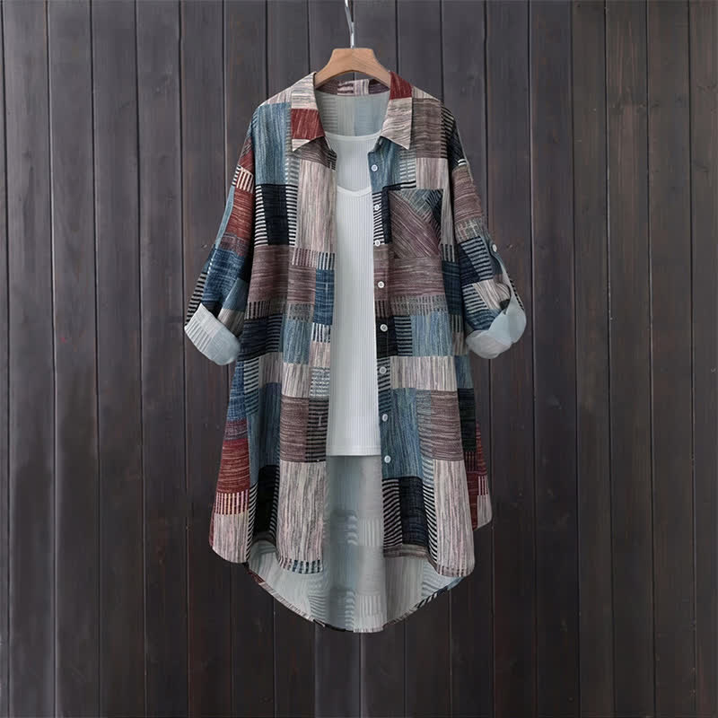 Buddha Stones Fall Casual Vintage Button-Up Patchwork Plaid Design Women's Long Sleeve Shirts With Pockets - Tan - US12, UK/AU16, EU44 (3XL) - image 0
