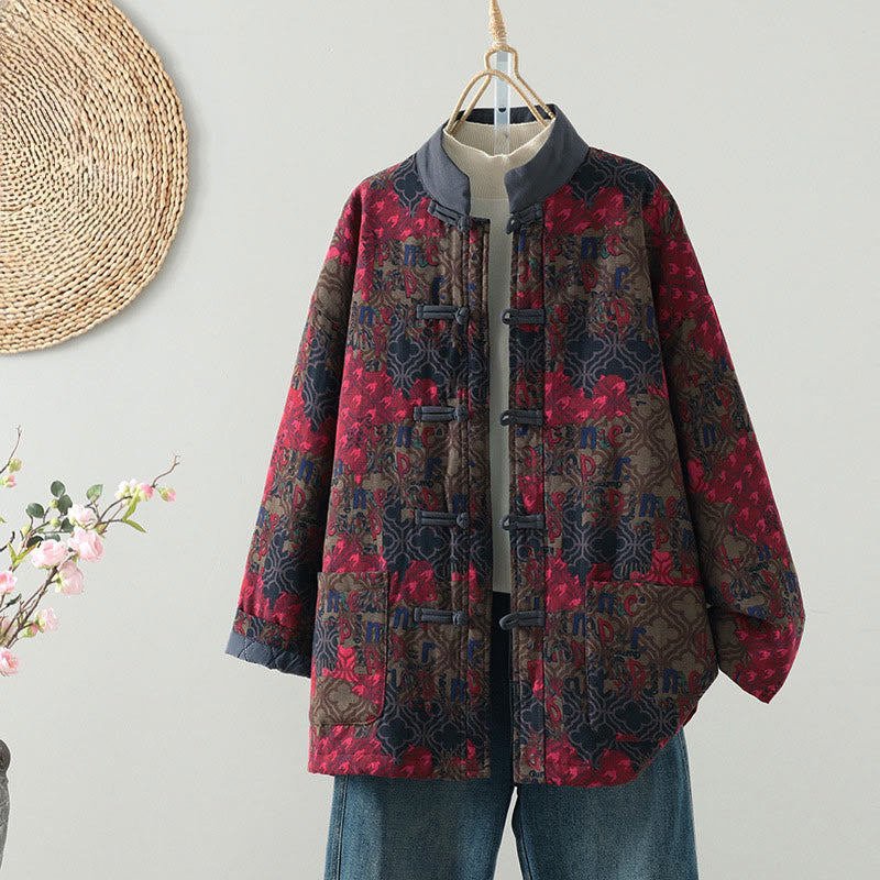 Buddha Stones Fall Winter Vintage Tang Style Frog Button Floral Peony Women's Jacket With Pockets - Maroon - US12, UK/AU16, EU44 (2XL) - image 0