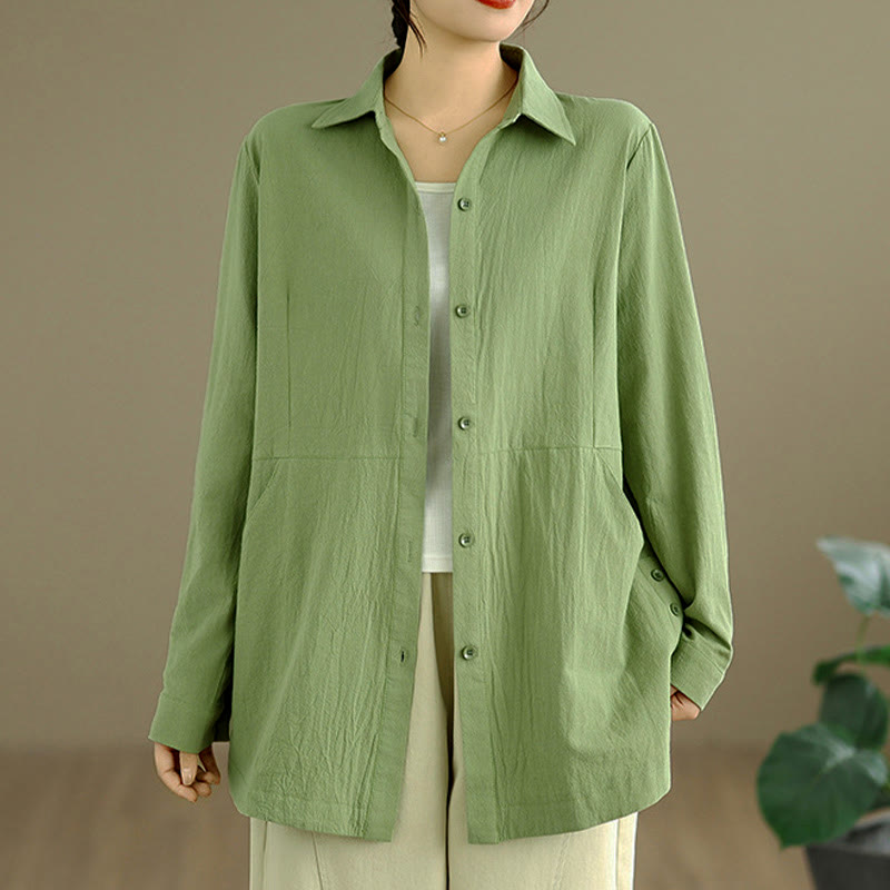 Buddha Stones Spring Casual Minimalist Button-Up Solid Women's Long Sleeve Shirts With Pockets - image 1