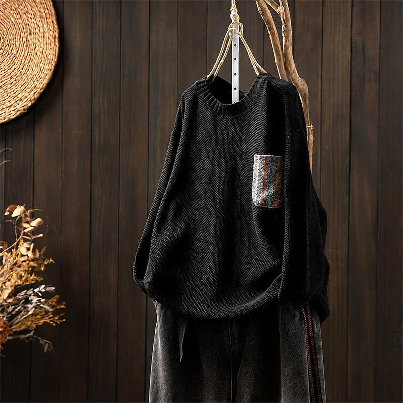 Buddha Stones Fall Winter Casual Vintage Solid Knit Women's Knitwear With Contrast Patch Pocket - Black - US4-12, UK/AU8-16, EU36-44 (F) - image 0