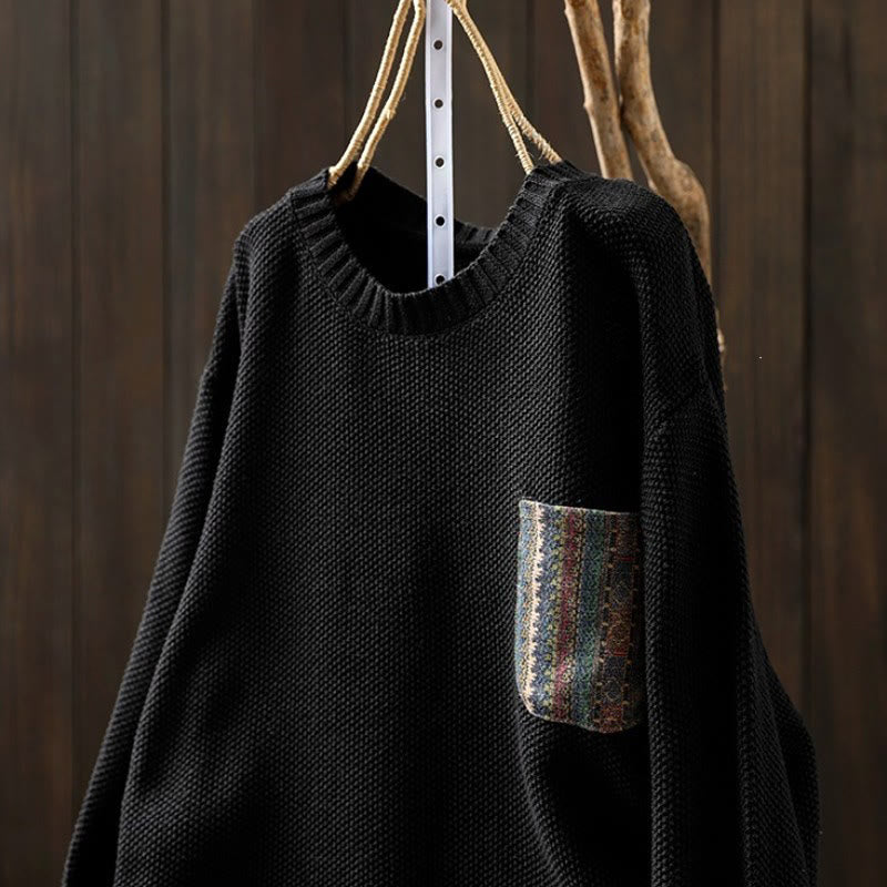 Buddha Stones Fall Winter Casual Vintage Solid Knit Women's Knitwear With Contrast Patch Pocket - image 1