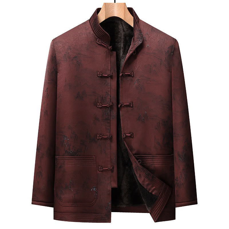 Buddha Stones Spring Fall Tang Style Vintage Mandarin Collar Frog Button Mountains Men's Jacket With Pockets - Brown - US/UK/AU46, EU56 (5XL) - image 0