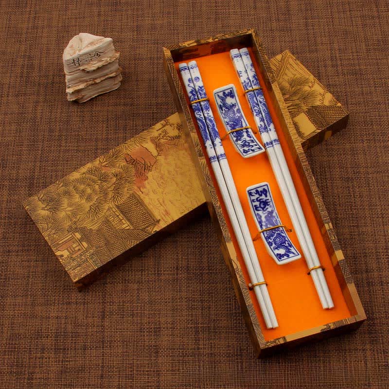 Buddha Stones Ceramic Panda Dragon Koi Fish Elegance Chinese Style Gift Set Chopsticks - Blue Dragon - image 1