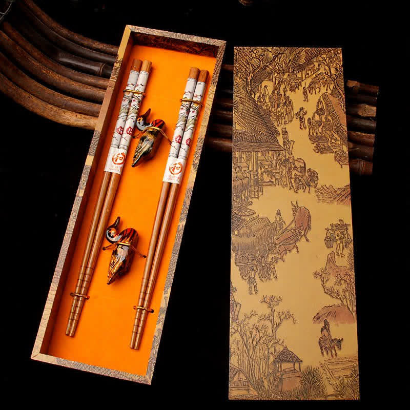 Buddha Stones Elegant Oriental Pattern Bamboo Gift Set Chopsticks - Plum Blossoms - image 1