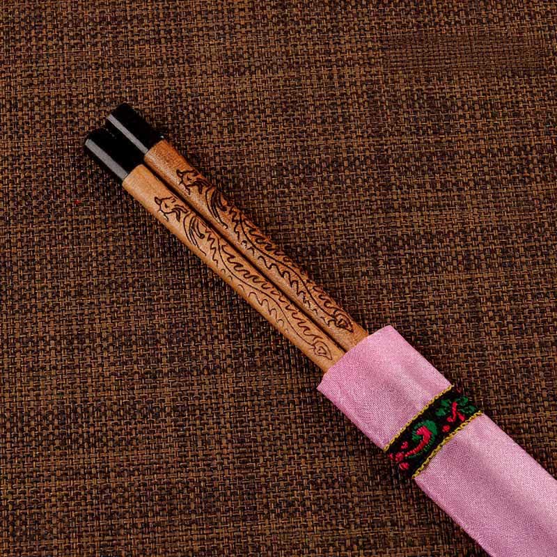 Buddha Stones Handcrafted Wood Fu Blessing Dragon Motif Chopsticks - Phoenix（Chopstick sleeves color random.） - image 15