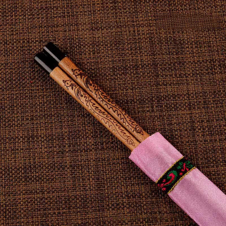 Buddha Stones Handcrafted Wood Fu Blessing Dragon Motif Chopsticks - Phoenix（Chopstick sleeves color random.） - image 15