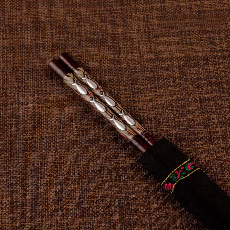 Buddha Stones Handcrafted Wood Fu Blessing Dragon Motif Chopsticks - Fish（Chopstick sleeves color random.） - image 1