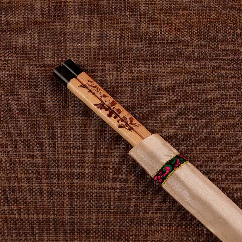 Buddha Stones Handcrafted Wood Fu Blessing Dragon Motif Chopsticks - Two Pandas（Chopstick sleeves color random.） - image 8