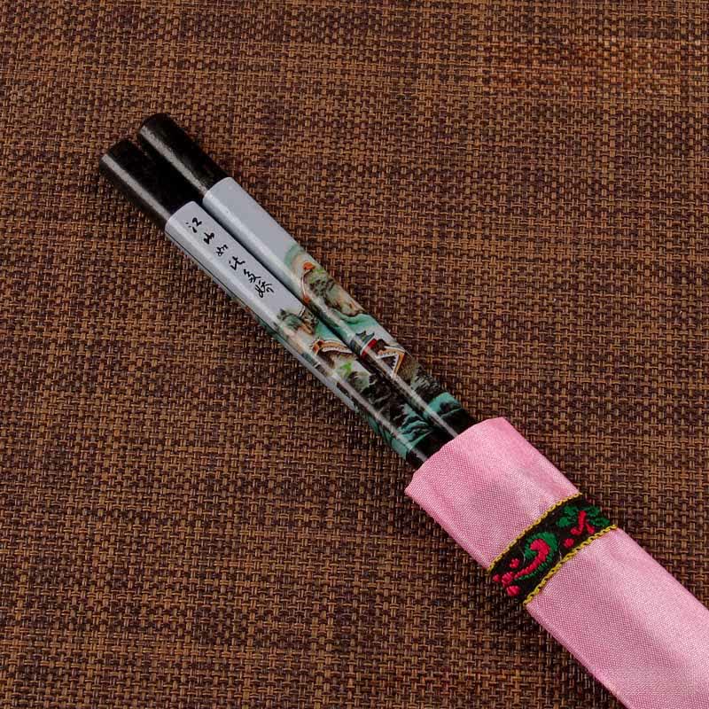 Buddha Stones Handcrafted Wood Fu Blessing Dragon Motif Chopsticks - Great Wall Patterns（Chopstick sleeves color random.） - image 2
