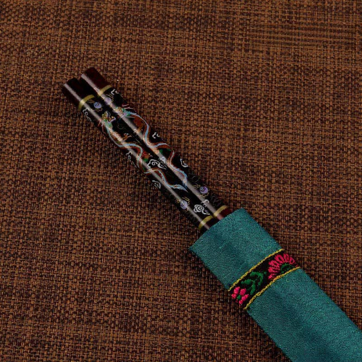 Buddha Stones Handcrafted Wood Fu Blessing Dragon Motif Chopsticks - Dragon（Chopstick sleeves color random.） - image 3