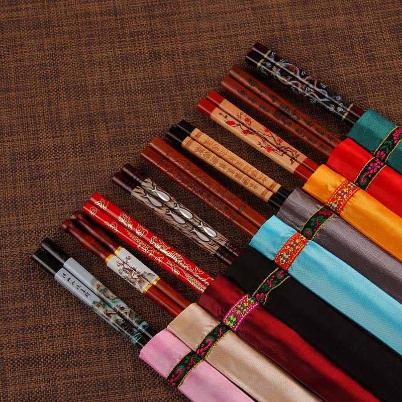Buddha Stones Handcrafted Wood Fu Blessing Dragon Motif Chopsticks - Random Patterns（Chopstick sleeves color random.） - image 0
