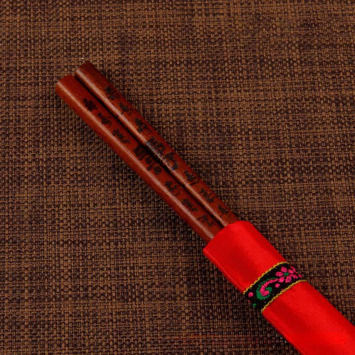 Buddha Stones Handcrafted Wood Fu Blessing Dragon Motif Chopsticks - Red Longevity Character（Chopstick sleeves color random.） - image 22