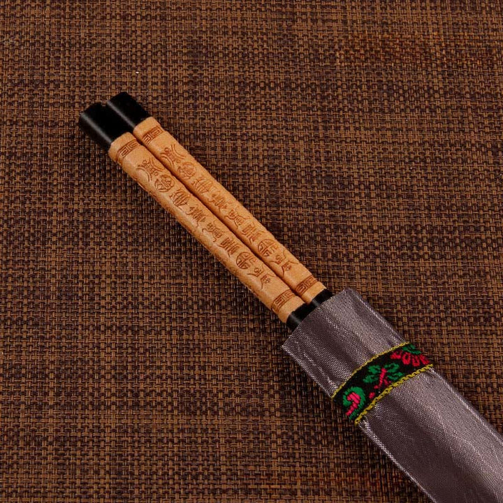 Buddha Stones Handcrafted Wood Fu Blessing Dragon Motif Chopsticks - Small Longevity Character（Chopstick sleeves color random.） - image 10