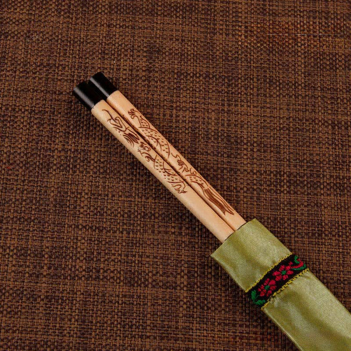 Buddha Stones Handcrafted Wood Fu Blessing Dragon Motif Chopsticks - Wooden Dragon（Chopstick sleeves color random.） - image 17