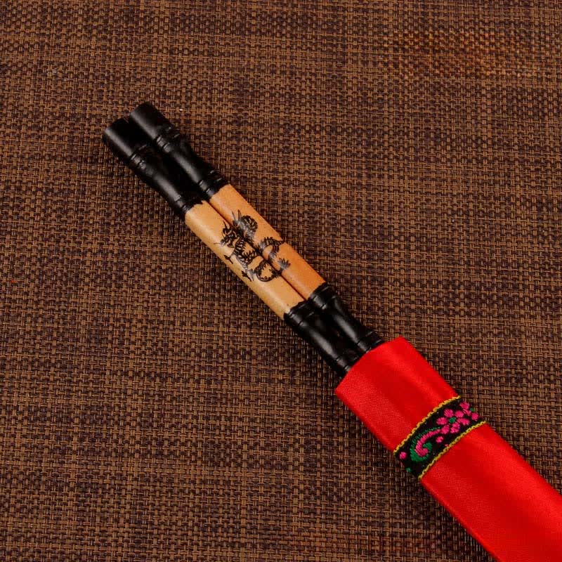 Buddha Stones Handcrafted Wood Fu Blessing Dragon Motif Chopsticks - Little Dragon（Chopstick sleeves color random.） - image 5