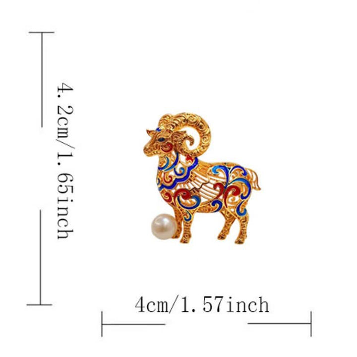 Buddha Stones Copper Goat Enamel Pearl Luck Brooch - image 8