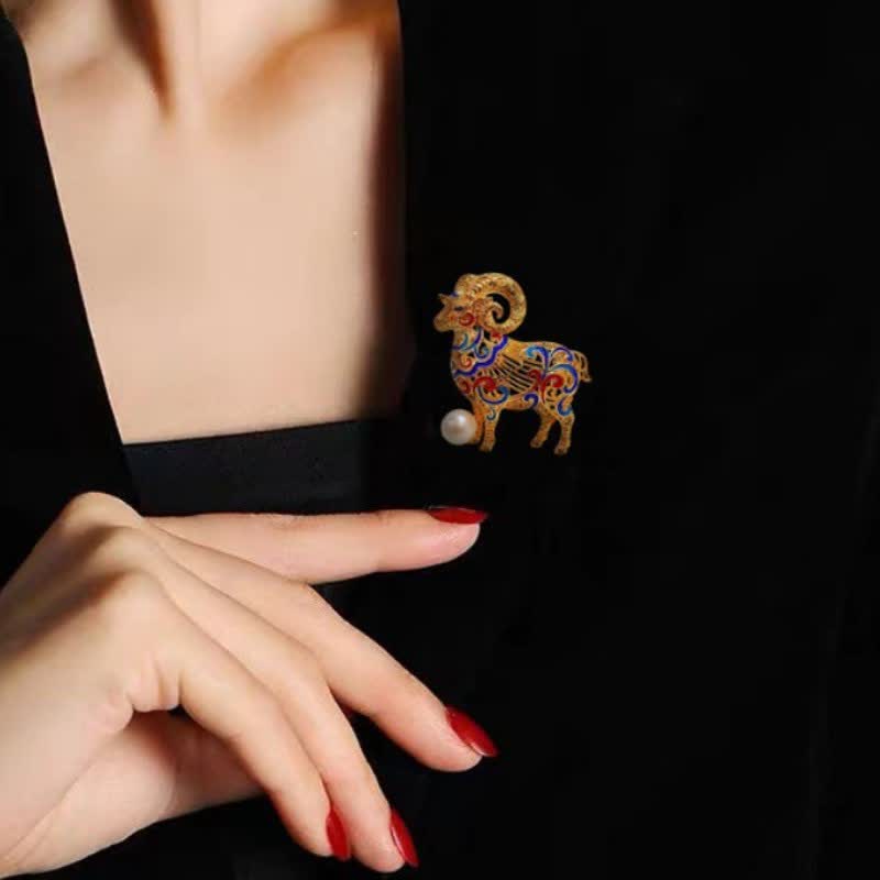 Buddha Stones Copper Goat Enamel Pearl Luck Brooch - image 9