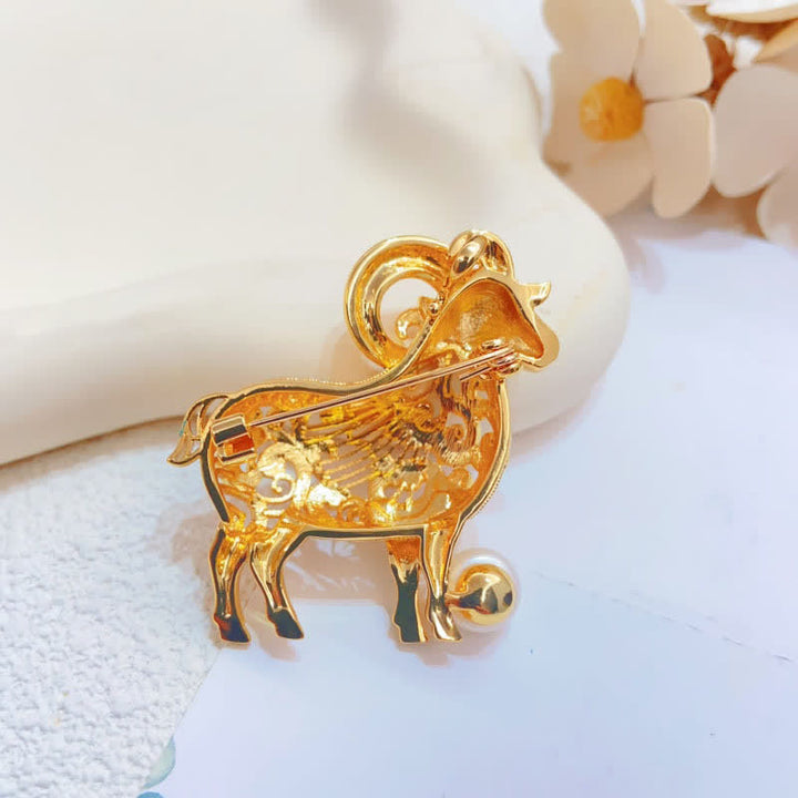 Buddha Stones Copper Goat Enamel Pearl Luck Brooch - image 2
