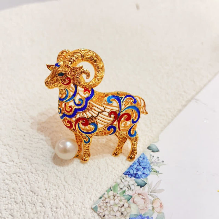 Buddha Stones Copper Goat Enamel Pearl Luck Brooch - image 6